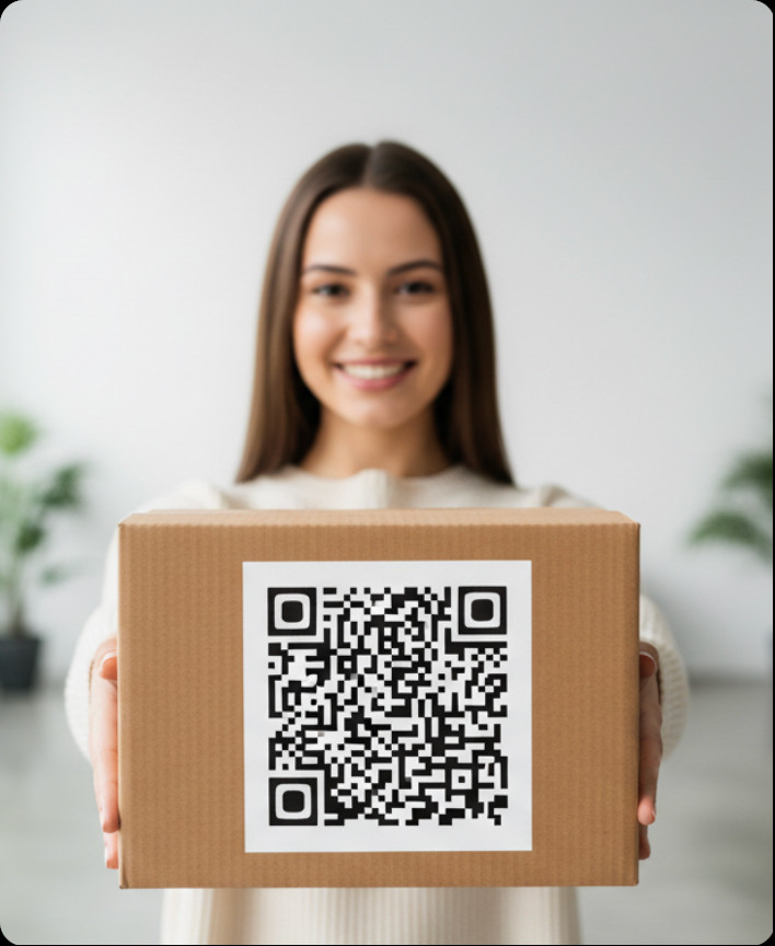 Proud team member holding a package with a massive, high-visibility QR label taking up the entire front panel
